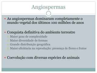 Angiospermas
 As angiospermas dominaram completamente o
mundo vegetal dos últimos 100 milhões de anos
 Conquista definitiva do ambiente terrestre
 Maior grau de complexidade
 Maior diversidade de formas
 Grande distribuição geográfica
 Maior eficiência na reprodução: presença de flores e frutos
 Coevolução com diversas espécies de animais
 