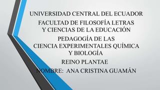 UNIVERSIDAD CENTRAL DEL ECUADOR
FACULTAD DE FILOSOFÍA LETRAS
Y CIENCIAS DE LA EDUCACIÓN
PEDAGOGÍA DE LAS
CIENCIA EXPERIMENTALES QUÍMICA
Y BIOLOGÍA
REINO PLANTAE
NOMBRE: ANA CRISTINA GUAMÁN
 