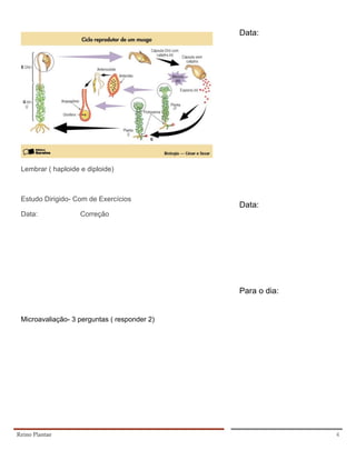 Data:




 Lembrar ( haploide e diploide)



 Estudo Dirigido- Com de Exercícios
                                              Data:
 Data:              Correção




                                              Para o dia:


 Microavaliação- 3 perguntas ( responder 2)




Reino Plantae                                               4
 