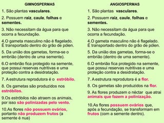 GIMNOSPERMAS
1. São plantas vasculares.
2. Possuem raiz, caule, folhas e
sementes.
3. Não necessitam da água para que
ocorra a fecundação.
4.O gameta masculino não é flagelado.
É transportado dentro do grão de pólen.
5. Da união dos gametas, forma-se o
embrião (dentro de uma semente).
6.O embrião fica protegido na semente,
que possui reservas nutritivas e uma
proteção contra a desidratação.
7. A estrutura reprodutora é o estróbilo.
8. Os gametas são produzidos nos
estróbilos.
9.Os estróbilos não atraem os animais,
por isso são polinizadas pelo vento.
10.As flores não possuem ovários,
portanto não produzem frutos (a
semente é nua)
ANGIOSPERMAS
1. São plantas vasculares.
2. Possuem raiz, caule, folhas e
sementes.
3. Não necessitam da água para que
ocorra a fecundação.
4.O gameta masculino não é flagelado.
É transportado dentro do grão de pólen.
5. Da união dos gametas, forma-se o
embrião (dentro de uma semente).
6.O embrião fica protegido na semente,
que possui reservas nutritivas e uma
proteção contra a desidratação.
7. A estrutura reprodutora é a flor.
8. Os gametas são produzidos na flor.
9. As flores produzem o néctar que atrai
animais que fazem a polinização.
10.As flores possuem ovários que,
após a fecundação, se transformam em
frutos (com a semente dentro).
 