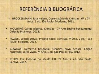 REFERÊNCIA BIBLIOGRÁFICA 
• BROCKELMANN, Rita Helena. Observatório de Ciências , 6º e 7º 
Anos. 1 ed. São Paulo: Moderna, 2011. 
• MOURTHÉ, Carlos Alberto. Ciências - 7º Ano Ensino Fundamental 
Coleção Pitágoras, 2012. 
• FAVALLI, Leonel Delvai. Projeto Radix: ciências, 7º Ano. 2 ed. - São 
Paulo: Scipione, 2012. 
• GOWDAK, Demétrio Ossowski. Ciências novo pensar- Edição 
renovada: seres vivos, 7º Ano. 1 ed. São Paulo: FTD, 2012. 
• STERN, Iris. Ciências no século XXI, 7º Ano. 2 ed. São Paulo: 
Saraiva, 2012. 
