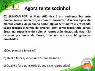 Agora tente sozinho!
02. (UNICAMP-SP) A Mata Atlântica é um ambiente bastante
úmido. Nesse ambiente, é comum encontrar diversos tipos de
plantas verdes, de pequeno porte (alguns centímetros), crescendo
sobre troncos e ramos de árvores, bem como recobrindo certas
áreas na superfície do solo. A reprodução destas plantas não
ocorreu por meio de flores, mas no seu ciclo há gametas
envolvidos.
a)Que plantas são essas?
b) Qual o fator que delimita o seu tamanho?
c) Qual é a fase transitória do seu ciclo reprodutivo?
 