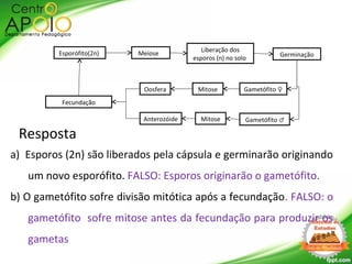 Resposta
a) Esporos (2n) são liberados pela cápsula e germinarão originando
um novo esporófito. FALSO: Esporos originarão o gametófito.
b) O gametófito sofre divisão mitótica após a fecundação. FALSO: o
gametófito sofre mitose antes da fecundação para produzir os
gametas
Meiose
Liberação dos
esporos (n) no solo
Gametófito ♀
Gametófito ♂
Germinação
Anterozóide
Fecundação
Esporófito(2n)
Oosfera Mitose
Mitose
 