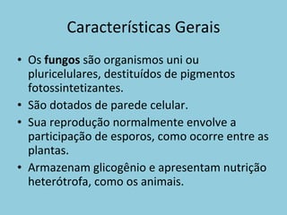 Características Gerais Os  fungos  são organismos uni ou pluricelulares, destituídos de pigmentos fotossintetizantes.  São dotados de parede celular. Sua reprodução normalmente envolve a participação de esporos, como ocorre entre as plantas.  Armazenam glicogênio e apresentam nutrição heterótrofa, como os animais.  