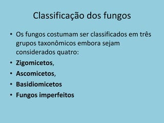 Classificação dos fungos Os fungos costumam ser classificados em três grupos taxonômicos embora sejam considerados quatro: Zigomicetos ,  Ascomicetos , Basidiomicetos Fungos imperfeitos 
