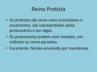 Reino Protista Os protistas são seres vivos unicelulares e eucariontes, são representados pelos protozoários e por algas. Os protozoários podem viver isolados, em colônias ou como parasitas. Eucarionte: Núcleo envolvido por membrana. 