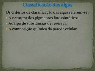 Os critérios de classificação das algas referem-se :
 Á natureza dos pigmentos fotossintéticos;
 Ao tipo de substâncias de reservas;
 À composição química da parede celular.
 