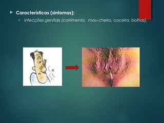  Características (sintomas):
 infecções genitais (corrimento, mau-cheiro, coceira, bolhas).
 