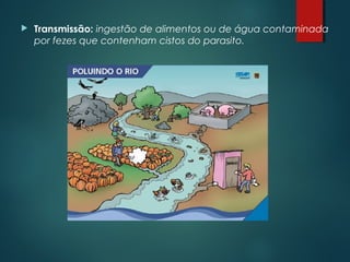  Transmissão: ingestão de alimentos ou de água contaminada
por fezes que contenham cistos do parasito.
 
