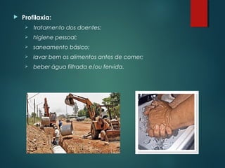  Profilaxia:
 tratamento dos doentes;
 higiene pessoal;
 saneamento básico;
 lavar bem os alimentos antes de comer;
 beber água filtrada e/ou fervida.
 