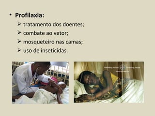 • Profilaxia:
   tratamento dos doentes;
   combate ao vetor;
   mosqueteiro nas camas;
   uso de inseticidas.
 