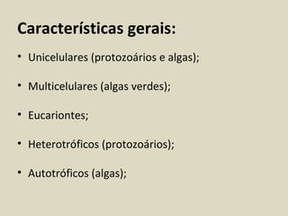 Características gerais:
• Unicelulares (protozoários e algas);

• Multicelulares (algas verdes);

• Eucariontes;

• Heterotróficos (protozoários);

• Autotróficos (algas);
 