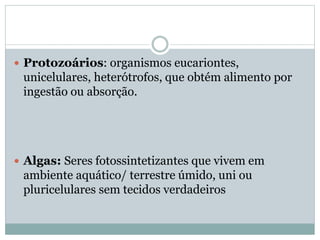 Protozoários: organismos eucariontes,
unicelulares, heterótrofos, que obtém alimento por
ingestão ou absorção.
 Algas: Seres fotossintetizantes que vivem em
ambiente aquático/ terrestre úmido, uni ou
pluricelulares sem tecidos verdadeiros
 