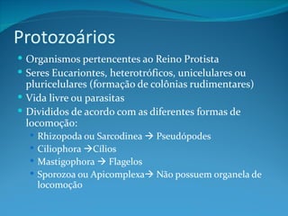 Protozoários
 Organismos pertencentes ao Reino Protista
 Seres Eucariontes, heterotróficos, unicelulares ou
  pluricelulares (formação de colônias rudimentares)
 Vida livre ou parasitas
 Divididos de acordo com as diferentes formas de
  locomoção:
   Rhizopoda ou Sarcodinea  Pseudópodes
   Ciliophora Cílios
   Mastigophora  Flagelos
   Sporozoa ou Apicomplexa Não possuem organela de
    locomoção
 