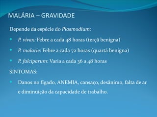 MALÁRIA – GRAVIDADE
Depende da espécie do Plasmodium:
   P. vivax: Febre a cada 48 horas (terçã benigna)
   P. malarie: Febre a cada 72 horas (quartã benigna)
   P. falciparum: Varia a cada 36 a 48 horas

SINTOMAS:
   Danos no fígado, ANEMIA, cansaço, desânimo, falta de ar
    e diminuição da capacidade de trabalho.
 
