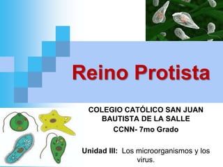 Reino Protista
COLEGIO CATÓLICO SAN JUAN
BAUTISTA DE LA SALLE
CCNN- 7mo Grado
Unidad III: Los microorganismos y los
virus.
 
