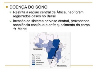  DOENÇA DO SONO
 Restrita à região central da África, não foram
registrados casos no Brasil
 Invasão do sistema nervoso central, provocando
sonolência contínua e enfraquecimento do corpo
 Morte
 