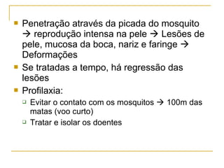  Penetração através da picada do mosquito
 reprodução intensa na pele  Lesões de
pele, mucosa da boca, nariz e faringe 
Deformações
 Se tratadas a tempo, há regressão das
lesões
 Profilaxia:
 Evitar o contato com os mosquitos  100m das
matas (voo curto)
 Tratar e isolar os doentes
 