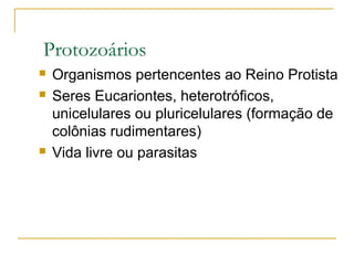 Protozoários
 Organismos pertencentes ao Reino Protista
 Seres Eucariontes, heterotróficos,
unicelulares ou pluricelulares (formação de
colônias rudimentares)
 Vida livre ou parasitas
 