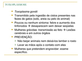 TOXOPLASMOSE
 Toxoplasma gondii
 Transmitido pela ingestão de cistos presentes nas
fezes de gatos (solo, areia ou pelo do animal)
 Poucos ou nenhum sintoma: febre e aumento dos
linfonodos  desaparecem sem deixar seqüelas
 Mulheres grávidas: transmissão ao feto  Lesões
cerebrais e em outros órgãos
 PREVENÇÃO:
 Não beijar animais nem deixá-los lamber o rosto
 Lavar as mãos após o contato com eles
 Mulheres que pretendem engravidar: exame
específico.
 
