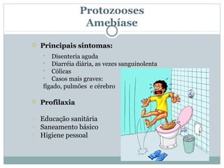 Protozooses
                  Amebíase
   Principais sintomas:
      Disenteria aguda
     Diarréia diária, as vezes sanguinolenta
     Cólicas
     Casos mais graves:
    fígado, pulmões e cérebro

   Profilaxia

o   Educação sanitária
o   Saneamento básico
o   Higiene pessoal
 