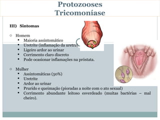 Protozooses
                       Tricomoníase
III) Sintomas

o Homem
    Maioria assintomático
    Uretrite (inflamação da uretra)
    Ligeiro ardor ao urinar
    Corrimento claro discreto
    Pode ocasionar inflamações na próstata.

o Mulher
    Assintomáticas (50%)
    Uretrite
    Ardor ao urinar
    Prurido e queimação (pioradas a noite com o ato sexual)
    Corrimento abundante leitoso esverdeado (muitas bactérias – mal
     cheiro).
 