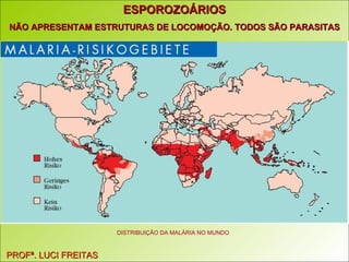 ESPOROZOÁRIOS NÃO APRESENTAM ESTRUTURAS DE LOCOMOÇÃO. TODOS SÃO PARASITAS PROFª. LUCI FREITAS DISTRIBUIÇÃO DA MALÁRIA NO MUNDO 