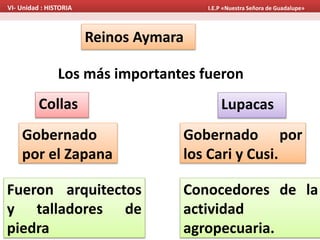Reinos Aymara
Los más importantes fueron
VI- Unidad : HISTORIA I.E.P «Nuestra Señora de Guadalupe»
Gobernado
por el Zapana
LupacasCollas
Fueron arquitectos
y talladores de
piedra
Gobernado por
los Cari y Cusi.
Conocedores de la
actividad
agropecuaria.
 