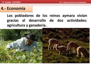 4.- Economía
Los pobladores de los reinos aymara vivían
gracias al desarrollo de dos actividades:
agricultura y ganadería.
VI- Unidad : HISTORIA I.E.P «Nuestra Señora de Guadalupe»
 
