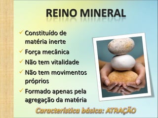 Constituído de matéria inerte Força mecânica Não tem vitalidade Não tem movimentos próprios Formado apenas pela agregação da matéria 