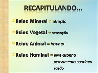 Reino Mineral  =   atração Reino Vegetal  =   sensação Reino Animal  =   instinto Reino Hominal  =   livre-arbítrio pensamento contínuo razão 