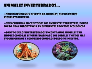 Animales vertebrados…
Son aquellos que poseen un esqueleto interno cuyo eje es la
columna vertebral
 poseen un cerebro q...