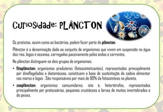 Os protistas, assim como as bactérias, podem fazer parte do plâncton.
Plâncton é a denominação dada ao conjunto de organismos que vivem em suspensão na água
dos rios, lagos e oceanos, carregados passivamente pelas ondas e correntes.
No plâncton distinguem-se dois grupos de organismos:
• fitoplâncton: organismos produtores (fotossintetizantes), representados principalmente
por dinoflagelados e diatomáceas, constituem a base de sustentação da cadeia alimentar
nos mares e lagos . São responsáveis por mais de 90% da fotossíntese no planeta.
• zooplâncton: organismos consumidores, isto é, heterótrofos, representados
principalmente por protozoários, pequenos crustáceos e larvas de muitos invertebrados e
de peixes.
Curiosidade: PLÂNCTON
 