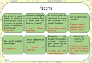 Qual o nome da doença
causada por bactérias e
tem como principal sintoma
a presença de manchas
brancas ou avermelhadas
sem sensibilidade?
R: hanseníase.
A cólera é uma doença de
origem bacteriana. Como
o homem pode ficar
doente por tal bactéria?
R: água e alimentos
contaminados.
As bactérias podem ser
classificadas de acordo
com a sua forma. Cite 2
exemplos dessa forma.
R: cocos, vibrião, bacilos e
espiraladas
Onde são encontradas as
cianofíceas?
R: água doce, salgada,
solo úmido, troncos ou
superfícies rochosas.
Qual o tipo de reprodução
das cianofíceas?
R: Cissiparidade
Como os protozoários se
reproduzem?
R: processo de
cissiparidade
Toxoplasmose é uma
doença grave causada pelo
protozoário Toxoplasma
gondii. Como ela pode ser
transmitida ao homem?
R: através das fezes
contaminadas de gatos.
Por que as algas
unicelulares são
importantes?
R: Porque são os principais
produtores de alimentos
das cadeias alimentares
aquáticas.
Recorte
 