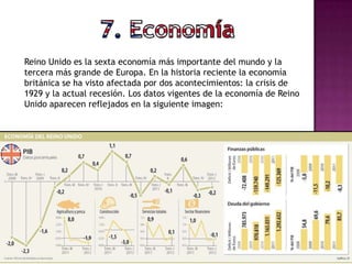 Reino Unido es la sexta economía más importante del mundo y la
tercera más grande de Europa. En la historia reciente la economía
británica se ha visto afectada por dos acontecimientos: la crisis de
1929 y la actual recesión. Los datos vigentes de la economía de Reino
Unido aparecen reflejados en la siguiente imagen:
 