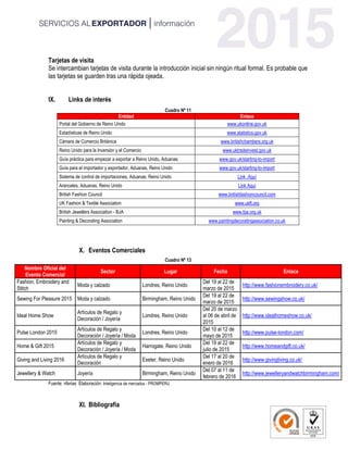 Tarjetas de visita
Se intercambian tarjetas de visita durante la introducción inicial sin ningún ritual formal. Es probable que
las tarjetas se guarden tras una rápida ojeada.
IX. Links de interés
Cuadro Nº 11
Entidad Enlace
Portal del Gobierno de Reino Unido www.ukonline.gov.uk
Estadísticas de Reino Unido www.statistics.gov.uk
Cámara de Comercio Británica www.britishchambers.org.uk
Reino Unido para la Inversión y el Comercio www.uktradeinvest.gov.uk
Guía práctica para empezar a exportar a Reino Unido, Aduanas www.gov.uk/starting-to-import
Guía para el importador y exportador, Aduanas, Reino Unido www.gov.uk/starting-to-import
Sistema de control de importaciones, Aduanas, Reino Unido Link Aquí
Aranceles, Aduanas, Reino Unido Link Aquí
British Fashion Council www.britishfashioncouncil.com
UK Fashion & Textile Association www.ukft.org
British Jewellers Association - BJA www.bja.org.uk
Painting & Decorating Association www.paintingdecoratingassociation.co.uk
X. Eventos Comerciales
Cuadro Nº 13
Nombre Oficial del
Evento Comercial
Sector Lugar Fecha Enlace
Fashion, Embroidery and
Stitch
Moda y calzado Londres, Reino Unido
Del 19 al 22 de
marzo de 2015
http://www.fashionembroidery.co.uk/
Sewing For Pleasure 2015 Moda y calzado Birmingham, Reino Unido
Del 19 al 22 de
marzo de 2015
http://www.sewingshow.co.uk/
Ideal Home Show
Artículos de Regalo y
Decoración / Joyería
Londres, Reino Unido
Del 20 de marzo
al 06 de abril de
2015
http://www.idealhomeshow.co.uk/
Pulse London 2015
Artículos de Regalo y
Decoración / Joyería / Moda
Londres, Reino Unido
Del 10 al 12 de
mayo de 2015
http://www.pulse-london.com/
Home & Gift 2015
Artículos de Regalo y
Decoración / Joyería / Moda
Harrogate, Reino Unido
Del 19 al 22 de
julio de 2015
http://www.homeandgift.co.uk/
Giving and Living 2016
Artículos de Regalo y
Decoración
Exeter, Reino Unido
Del 17 al 20 de
enero de 2016
http://www.givingliving.co.uk/
Jewellery & Watch Joyería Birmingham, Reino Unido
Del 07 al 11 de
febrero de 2016
http://www.jewelleryandwatchbirmingham.com/
Fuente: nferias Elaboración: Inteligencia de mercados - PROMPERU
XI. Bibliografía
 