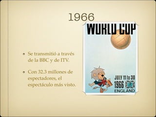 1966


Se transmitió a través
de la BBC y de ITV.

Con 32.3 millones de
espectadores, el
espectáculo más visto.
 