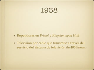 1938


Repetidoras en Bristol y Kingston upon Hull

Televisión por cable que transmite a través del
servicio del Sistema de televisión de 405 líneas.
 