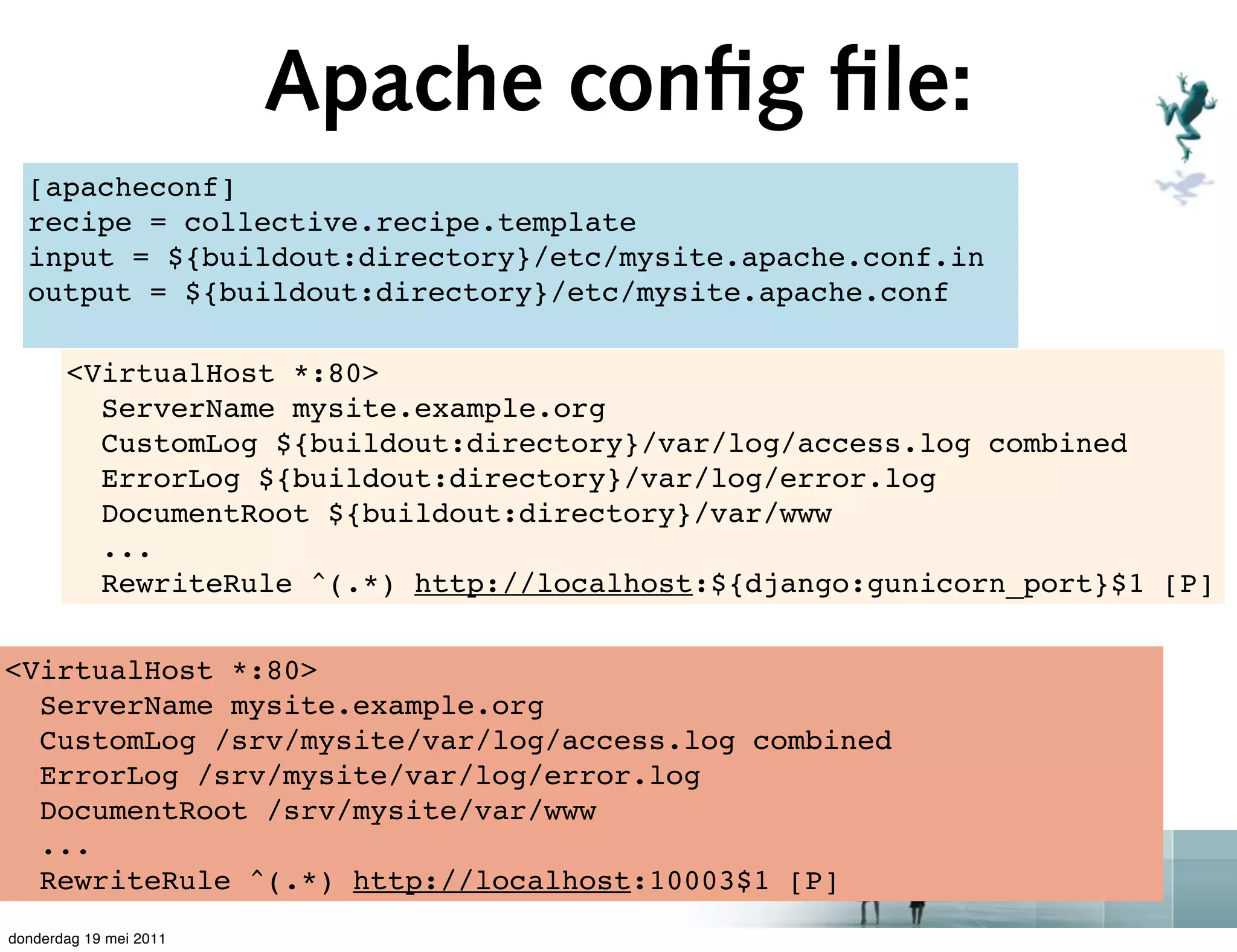 Apache conﬁg ﬁle:
  [apacheconf]
  recipe = collective.recipe.template
  input = ${buildout:directory}/etc/mysite.apache.conf.in
  output = ${buildout:directory}/etc/mysite.apache.conf

       <VirtualHost *:80>
         ServerName mysite.example.org
         CustomLog ${buildout:directory}/var/log/access.log combined
         ErrorLog ${buildout:directory}/var/log/error.log
         DocumentRoot ${buildout:directory}/var/www
         ...
         RewriteRule ^(.*) http://localhost:${django:gunicorn_port}$1 [P]


<VirtualHost *:80>
  ServerName mysite.example.org
  CustomLog /srv/mysite/var/log/access.log combined
  ErrorLog /srv/mysite/var/log/error.log
  DocumentRoot /srv/mysite/var/www
  ...
  RewriteRule ^(.*) http://localhost:10003$1 [P]
donderdag 19 mei 2011
 