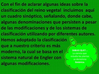 Toda clasificación de los seres vivos debe
reflejar las relaciones evolutivas entre las
especies y los grupos tratando de establecer el
ordenamiento y las relaciones que entre ellos
existen en la naturaleza.
Las denominaciones de los taxones o jerarquía
taxonómicas siguen en las plantas el mismo
ordenamiento que en los animales, salvo en el
equivalente a phylum, que la mayoría de los
botánicos prefiere llamar divisional. Muchos
autores modernos están utilizando phylum en
lugar de división al referirse a las plantas.
 