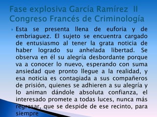  Esta se presenta llena de euforia y de
embriaguez. El sujeto se encuentra cargado
de entusiasmo al tener la grata noticia de
haber logrado su anhelada libertad. Se
observa en él su alegría desbordante porque
va a conocer lo nuevo, esperando con suma
ansiedad que pronto llegue a la realidad, y
esa noticia es contagiada a sus compañeros
de prisión, quienes se adhieren a su alegría y
lo animan dándole absoluta confianza, el
interesado promete a todas luces, nunca más
regresar, que se despide de ese recinto, para
siempre
 