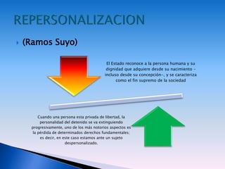  (Ramos Suyo)
El Estado reconoce a la persona humana y su
dignidad que adquiere desde su nacimiento –
incluso desde su concepción-, y se caracteriza
como el fin supremo de la sociedad
Cuando una persona esta privada de libertad, la
personalidad del detenido se va extinguiendo
progresivamente, uno de los más notorios aspectos es
la pérdida de determinados derechos fundamentales;
es decir, en este caso estamos ante un sujeto
despersonalizado.
 