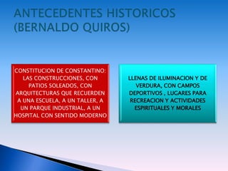 CONSTITUCION DE CONSTANTINO:
LAS CONSTRUCCIONES, CON
PATIOS SOLEADOS, CON
ARQUITECTURAS QUE RECUERDEN
A UNA ESCUELA, A UN TALLER, A
UN PARQUE INDUSTRIAL, A UN
HOSPITAL CON SENTIDO MODERNO
LLENAS DE ILUMINACION Y DE
VERDURA, CON CAMPOS
DEPORTIVOS , LUGARES PARA
RECREACION Y ACTIVIDADES
ESPIRITUALES Y MORALES
 