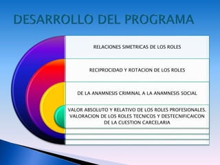 RELACIONES SIMETRICAS DE LOS ROLES
RECIPROCIDAD Y ROTACION DE LOS ROLES
DE LA ANAMNESIS CRIMINAL A LA ANAMNESIS SOCIAL
VALOR ABSOLUTO Y RELATIVO DE LOS ROLES PROFESIONALES.
VALORACION DE LOS ROLES TECNICOS Y DESTECNIFICAICON
DE LA CUESTION CARCELARIA
 
