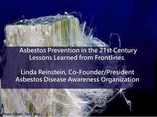 Asbestos Prevention in the 21st Century
Lessons Learned from Frontlines
Linda Reinstein, Co-Founder/President
Asbestos Disease Awareness Organization
Photo Credit: Tony Rich
 