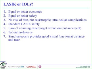 LASIK or IOLs? Equal or better outcomes Equal or better safety No risk of rare, but catastrophic intra-ocular complications Standard LASIK safety Ease of attaining exact target refraction (enhancement) Patient preference Simultaneously provides good visual function at distance and near 
