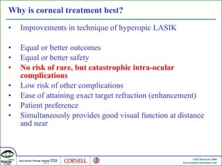 Why is corneal treatment best? Improvements in technique of hyperopic LASIK Equal or better outcomes Equal or better safety No risk of rare, but catastrophic intra-ocular complications Low risk of other complications Ease of attaining exact target refraction (enhancement) Patient preference Simultaneously provides good visual function at distance and near 