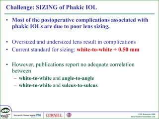 Challenge: SIZING of Phakic IOL Most of the postoperative complications associated with phakic IOLs are due to poor lens sizing.  Oversized and undersized lens result in complications  Current standard for sizing:  white-to-white + 0.50 mm   However, publications report no adequate correlation between white-to-white  and  angle-to-angle white-to-white  and  sulcus-to-sulcus 