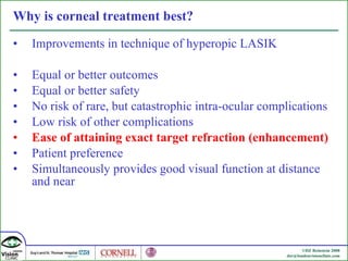 Why is corneal treatment best? Improvements in technique of hyperopic LASIK Equal or better outcomes Equal or better safety No risk of rare, but catastrophic intra-ocular complications Low risk of other complications Ease of attaining exact target refraction (enhancement) Patient preference Simultaneously provides good visual function at distance and near 