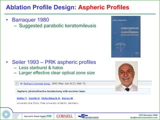 Ablation Profile Design:  Aspheric Profiles Barraquer 1980 Suggested parabolic keratomileusis Seiler 1993 – PRK aspheric profiles Less starburst & halos Larger effective clear optical zone size 